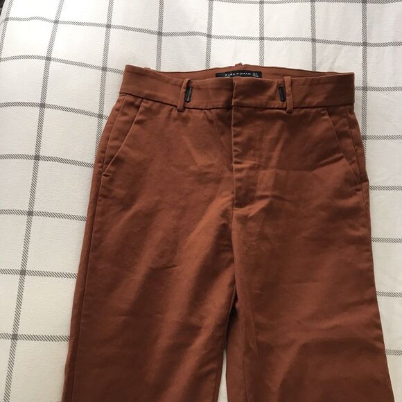 Zara Brown Cropped Cotton Straight Leg Trousers Casual Work Pants - S - Picture 3 of 9
